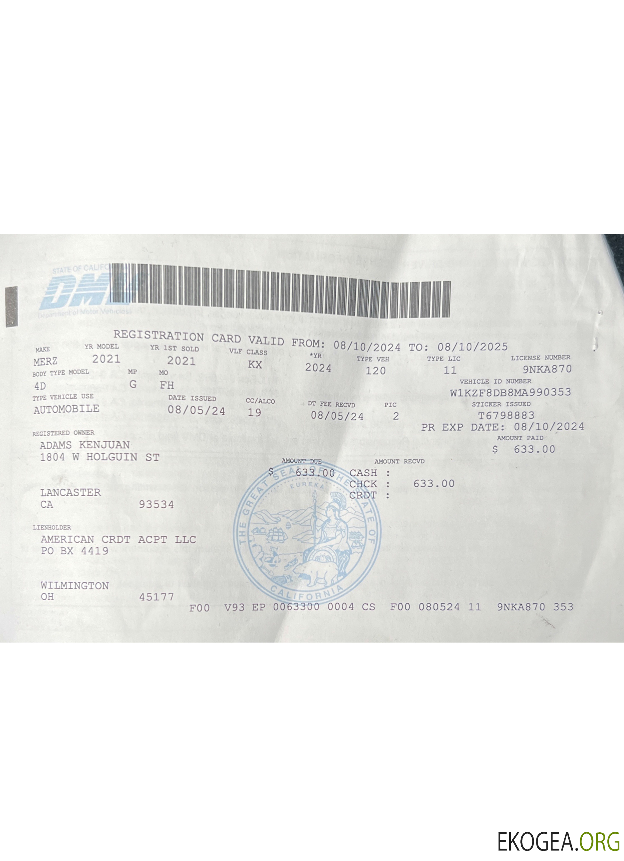 Permis d'immatriculation du véhicule aux États Unis, en Californie